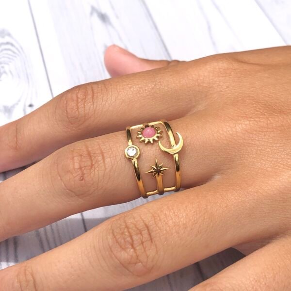 Anillo bañado en oro circón piedra cuarzo rosa, esmalte, luna y destello ajustable BR00115